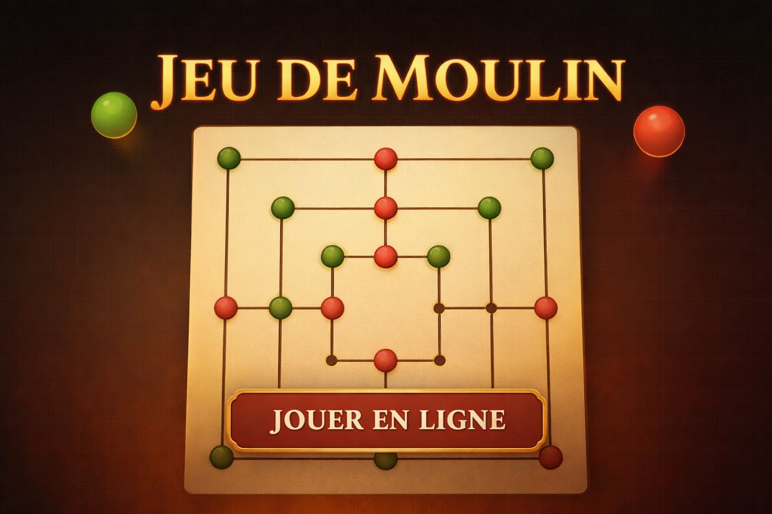 Illustration médiévale du Jeu du Moulin avec un plateau, des pions verts et rouges, et des moulins formés
