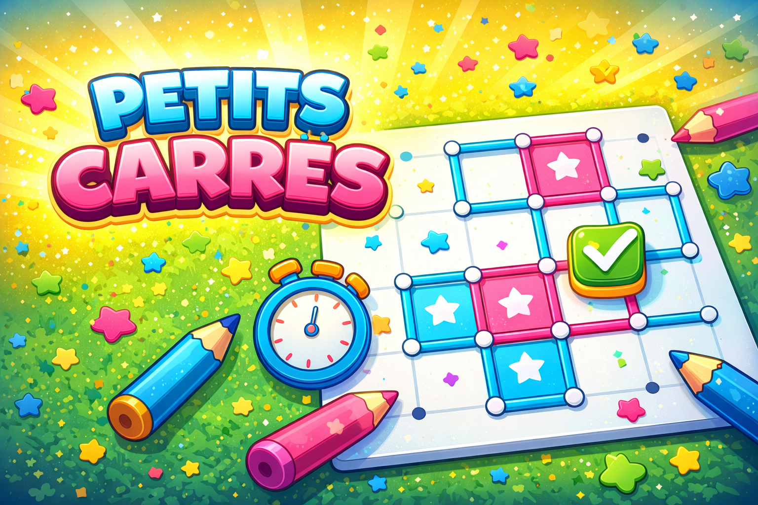 Illustration du jeu Petits Carrés avec une grille, des lignes et des carrés colorés