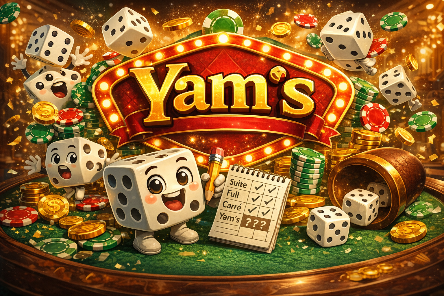 Illustration du Yam's : dés, feuille de score et combinaisons